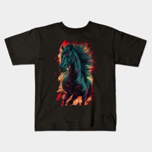 Black horse flames color burn Kids T-Shirt